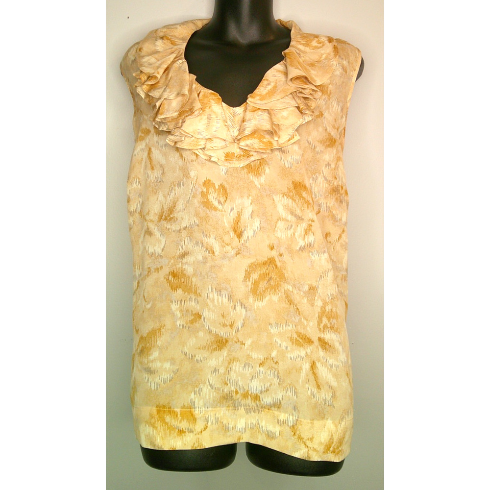 Talbots Sleeveless Top 100% Silk Size18P Floral Abstracted Print Ruffle V-Neck